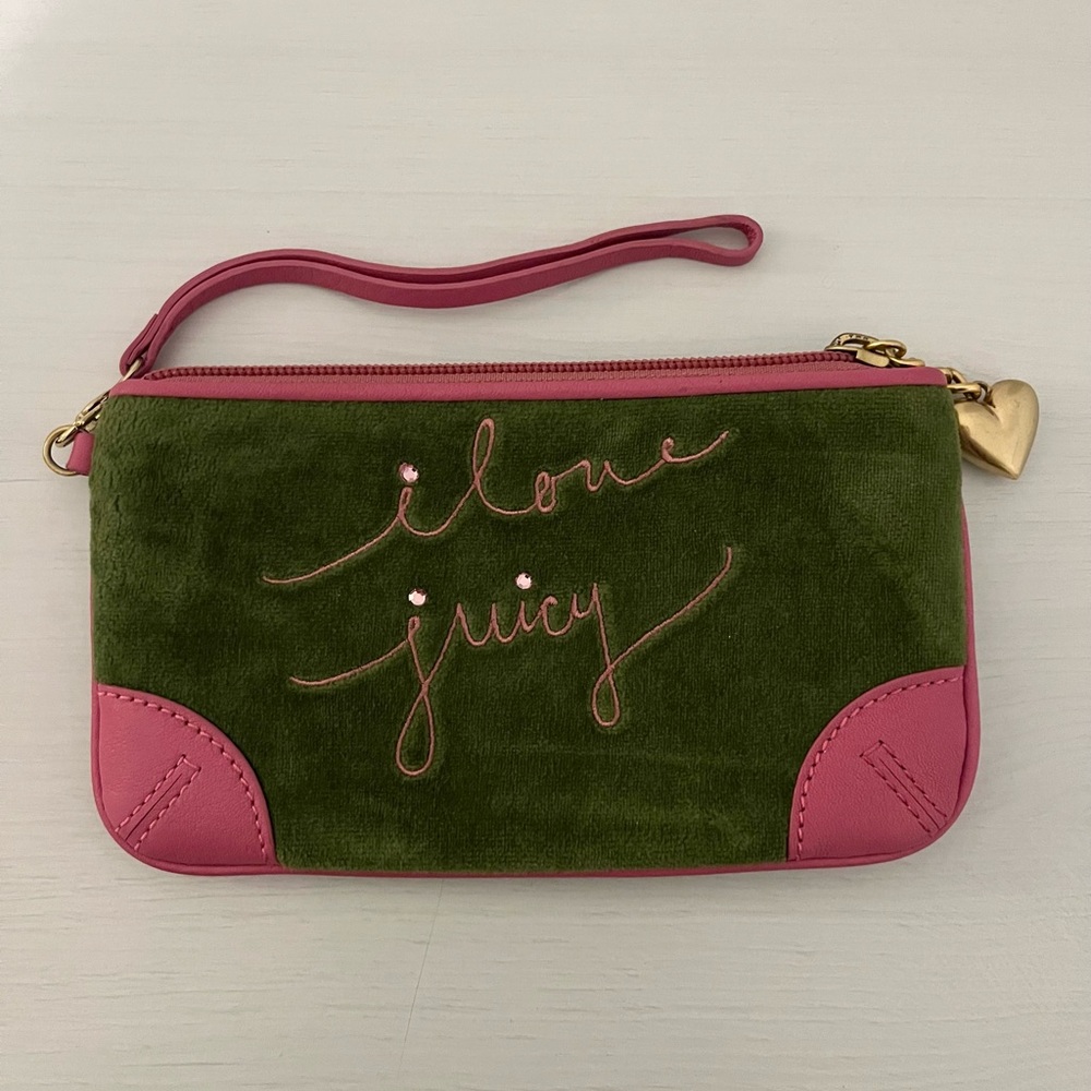 Juicy Couture I Love Juicy Green Pink Velour Leather Zippered Wristlet